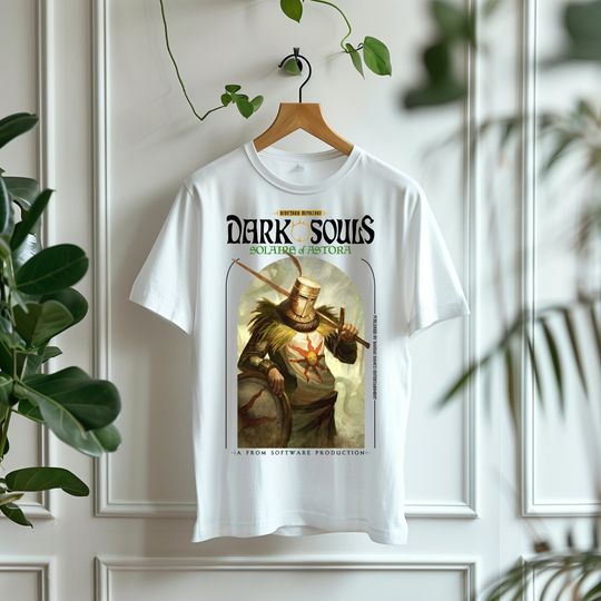 Dark Souls Solaire Graphic T Shirt | Heavy Cotton Unisex Tee | Gaming Streetwear Gifts for Gamers Stylish Vintage Books Shirt Elden Ring