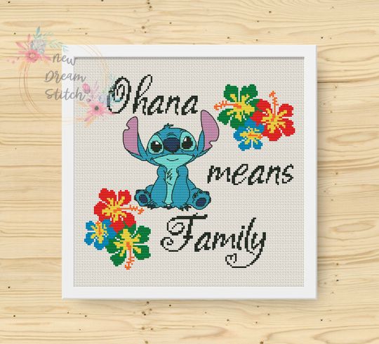 Experiment 626 Cross Stitch Pattern, Ohana means family xstitch, Quote Cross Stitch, kids decor xStitch, Hawaiian Flowers Cross Stitch #075