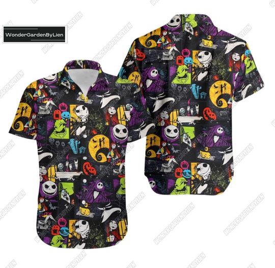 Jack And Sally Button Shirt, The Nightmare Before Christmas Hawaiian Shirt, Disney Jack Oogie Sally Beach Shirt, Halloween Nightmare Te