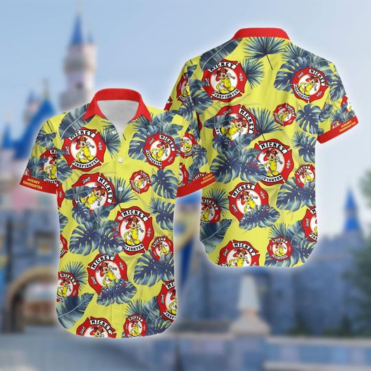 Mickey Firefighter Hawaiian Shirt, Funny Mickey Mouse Tropical Vacation Hawaii Shirt, Mickey Firefighter Button Up Hawaiian Party Shirt