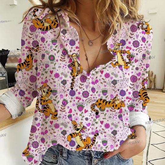 Floral Tigger Winnie The Pooh 3D All Over Print Women Blouses Shirt,Casual Long Sleeve Button Down Shirt, Blouses For Women Fashion