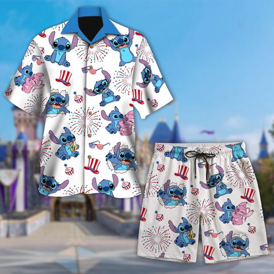 Blue And Pink Alien 4th July Hawaiian Shirt, Cute Dog Characters Fourth Of July Hawaii Shirt, Blue Pink Dog All Over Print Shirt