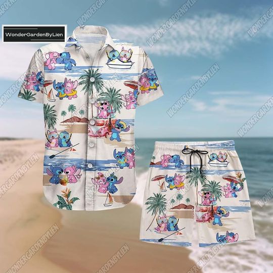Stitch Hawaiian Shirt Short Set, Stitch And Angel Button Shirt, Disney Cartoon Summer Short, Disney Stitch Beach Shirt For Men Women