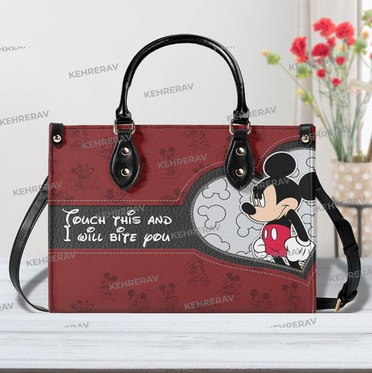 Touch This and I will Bite You Leather Handbag,Woman Handbag,Mickey Women Bags Purses,Mickey Lover's Handbag,Handmade Bag