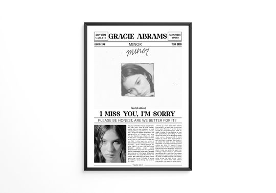 Gracie Abrams Retro Newspaper Print / I Miss You, I'm Sorry Poster / Lyrics Print / Minor Poster / Music Gift