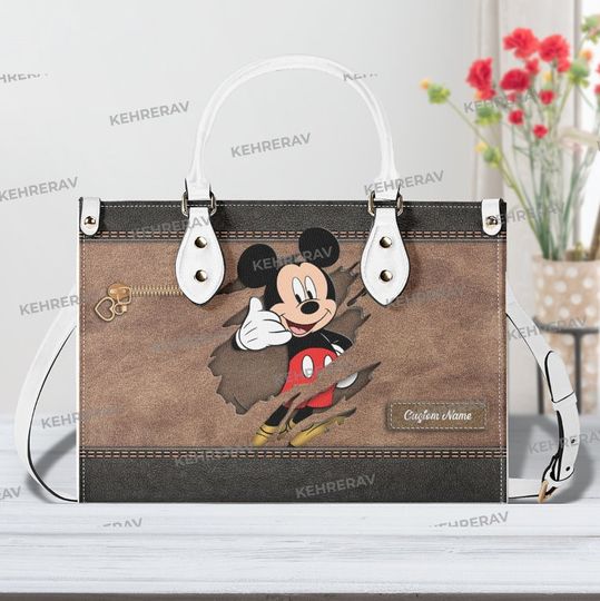 Custom name Mickey Leather Handbag, Mickey Woman Handbag, Handmade Bag, Mickey Women Bags Purses, Mickey Lover's Handbag, Custom Leather Bag