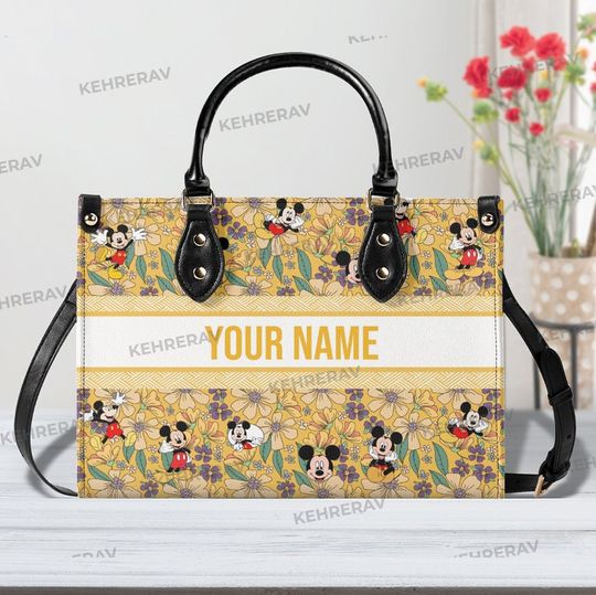 Mickey floral Leather Handbag, Mickey Women Bags Purses, Mickey Lover's Handbag, Custom Leather Bag,Woman Handbag, Handmade Bag,Vintage Bag