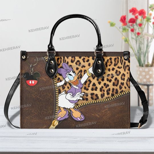 Leopard Daisy Leather Handbag, Daisy Duck Women Purses, Daisy Duck Lover's Handbag, Daisy Duck Leather Bag,Woman Handbag,Handmade Bag