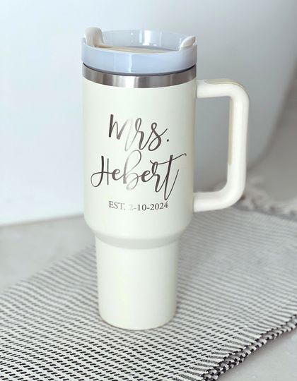 Custom 40oz Mrs. Tumbler with Handle - Bride Cup, Perfect Engagement Gift, Ideal for Newly Engaged, Unique Gift for Her
