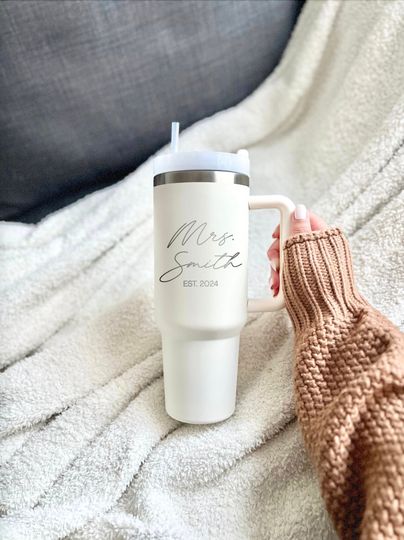 Personalized 40oz Mrs. Tumbler With Handle, Cute Bride Tumbler, mrs engaged gift, Engraved Cup, Engagement gift, Gifts for Her