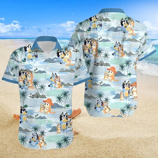 Summer Hawaiian shirt, BlueyCute Hawaiian Shirt, BlueyGift Shirt, BlueyDad Hawaii Shirt, BlueyDad Characters Birthday Party Shirt Hawaiin Shirt