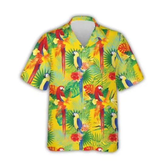 Parrot Bird Summer Vacation Hawaii Tee, Parrot Button Up Hawaiian Shirt, Beach Hawaiian Gift