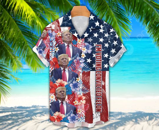 Funny Trump Face Hawaiian Shirt, Beach Vacation USA Flag Political Shirt, Tropical Hibiscus 4th Of July Election Hawaiian Gift For Men Women