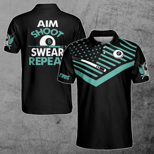 Aim Shoot Swear Repeat Billiards Custom American Flag Men's Polo Shirt, All Size Available, Gift For Dad