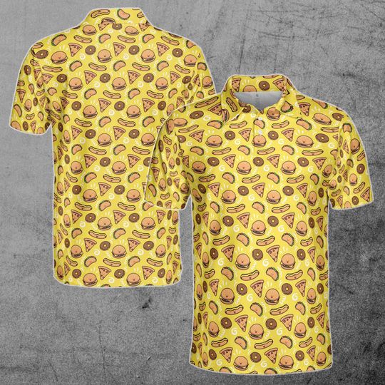 Funny Yellow Pizza Burger Donut Hotdog Doodle Foods Lover Golf Men's Polo Shirt, All Size Available, Gift For Dad
