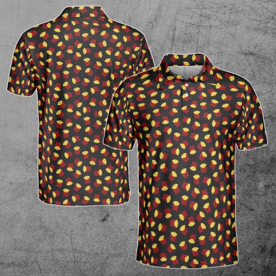 Funny Black Yellow French Fries Potatoes Doodle Food Lover Golf Men's Polo Shirt, All Size Available, Gift For Dad