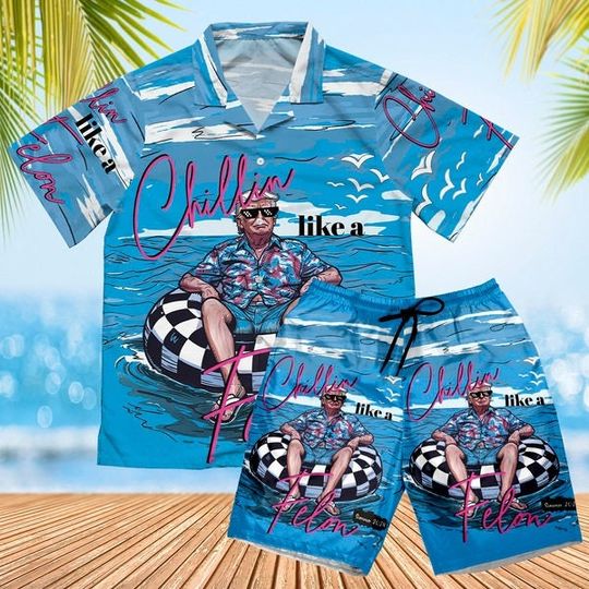 Chillin Like a Felon Hawaiian Shirt, Trump Hawaiian Shirt, Trump Summer 2024, Conservative Patriotic 4th of July Hawaiian Shirt