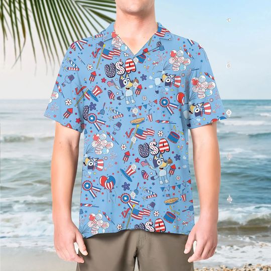 BlueyDad 4Th Of July Shirt Happy Independence Day, BlueyDad 4th of July, Hawaiian Shirt BlueyDad Patriotic Shirt, BlueyDad Beach Shirt, BlueyDad Hawaiian