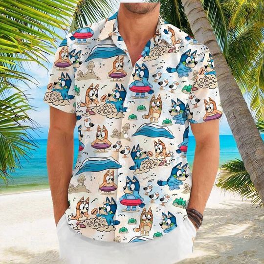 BlueyDad Family Shirt Cool Dad Club Shirt Dad Birthday Gift BlueyDad Shirt, BBluey Hawaiian Shirt, Cartoon Shirt,BlueyDad Rad Dad Hawaiian Shirt