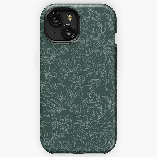 Hidden Dinosaurs - Floral Pattern - Teal and Silver iPhone Case