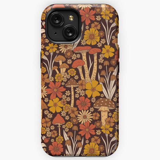 Retro 1970s Brown & Orange Mushrooms & Flowers iPhone Case