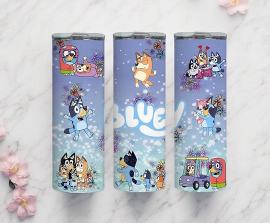 BlueyDad white healer 20oz Tumbler with Liz and Straw, BlueyDad and family