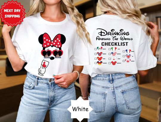 Mickey Beer Minnie Wine Front and Back, Epcot Drinking Around The World Shirt, Drinking Around the world checklist, Disney Couple shirts