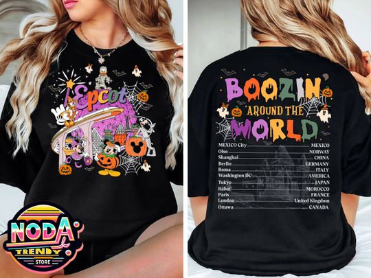 2- Sided Vintage Disney Mickey And Friends Epcot Halloween Shirt, Boozin Around The World 2024, Drinking Around The World, Epcot World Tour