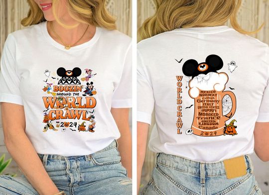 Boozin' around the world crawl Halloween shirt, Disney Two sided Halloween shirt, Epcot drinking around the world shirt, Halloween 2024 Gift
