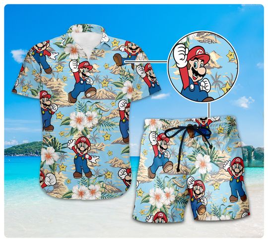 Mario Summer Hawaiian Shirt, Super Mario Hawaiian Shirt, Summer Beach Shirt, Mario Birthday Shirt Gamer Gift, Family Vacation 2024 Shirt