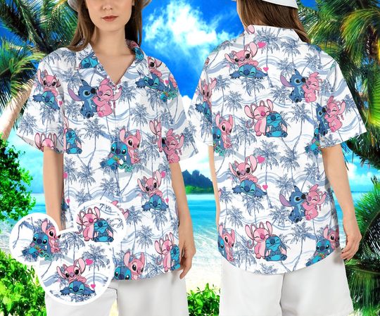 Stitch and Angel Beach Hawaiian Shirt, Stitch Couple Tropical Hawaii Shirt, Disneyland Couple Trip Aloha Shirt, Magic Kingdom Button Shirt