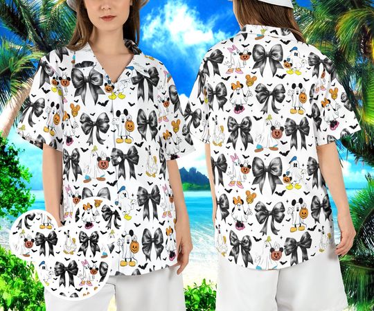 Disneyland Halloween Coquette Bows Hawaiian Shirt, Halloween Mickey Friends Ghosts Hawaii Shirt, Trick or Treat Aloha Shirt, Magic Kingdom