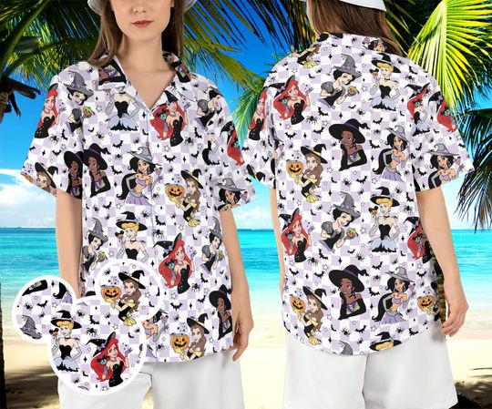 Halloween Princess Witches Hawaiian Shirt, Disneyland Princess Hawaii Shirt, Princess Trick or Treat Aloha Shirt, Magic Kingdom Button Shirt