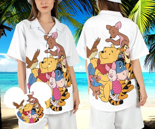 Winnie the Pooh Hawaiian Shirt, Tigger Kangaroo Roo Piglet Eeyore Hawaii Shirt, Pooh Friends Aloha Shirt, Disneyland Vacation Button Shirt