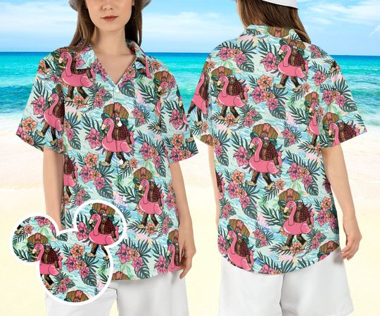 Bigfoot Flamingo Beach Hawaiian Shirt, Bigfoot Tropical Hibiscus Hawaii Shirt, Sasquatch Summer Aloha Shirt, Yeti Vacation Button Shirt