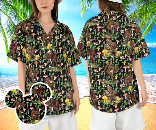 Bigfoot Mushroom Hawaiian Shirt, Yeti Beach Hawaii Shirt, Sasquatch Summer Vacation Aloha Shirt, Bigfoot Lovers Short Sleeve Shirt