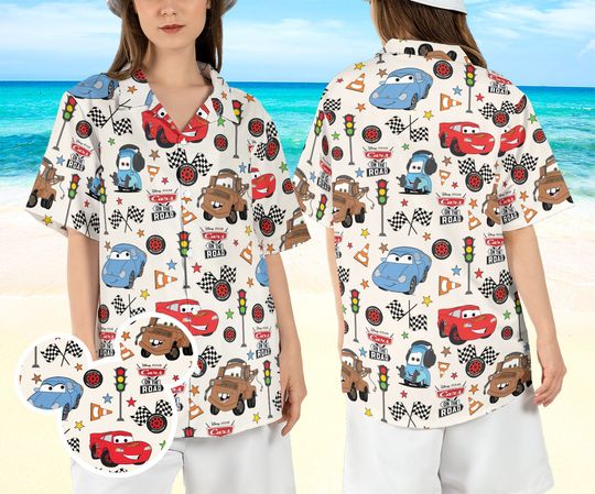 Discover Pixar Cars Characters Hawaiian Shirt, Disneyland Cars Race Hawaii Shirt, McQueen Sally Tow Mater Aloha Shirt, Spring Radiator Button Shirt