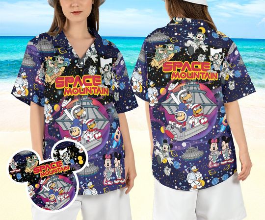 Disneyland Space Mountain Hawaiian Shirt, Astronaut Mickey and Friends Hawaii Shirt, Tomorrowland Aloha Shirt, Theme Park Short Sleeve Shirt