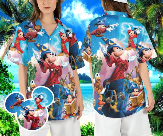 Fantasia Sorcerer Mickey Hawaiian Shirt, Magical Mickey Wizard Hawaii Shirt, Disneyland Magic Kingdom Aloha Shirt, Fantasmic Button Shirt