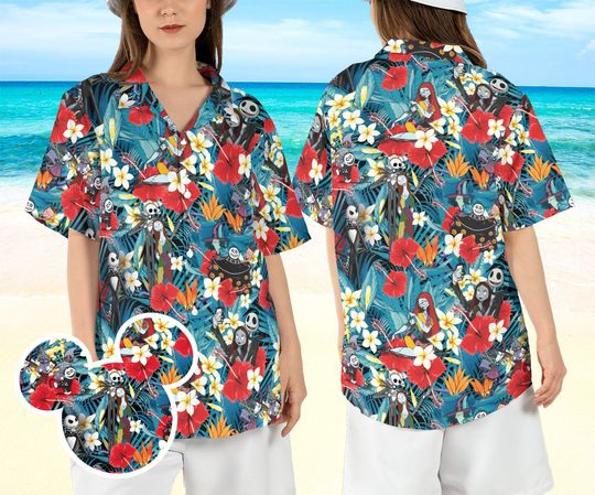 Jack & Sally Tropical Flower Hawaiian Shirt, Nightmare Before Christmas Hawaii Shirt, Jack Skellington Beach Aloha Shirt, Lock Shock Barrel