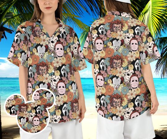 Halloween Horror Characters Floral Hawaiian Shirt, Scary Movie Beach Hawaii Shirt, Serial Killers Aloha Shirt, Scream Jason Button Shirt