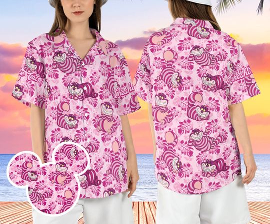 Cheshire Cat Tropical Beach Hawaiian Shirt, Alice in Wonderland Hawaii Shirt, Disneyland Cat Lover Aloha Shirt, Animated Cat Button Up Shirt