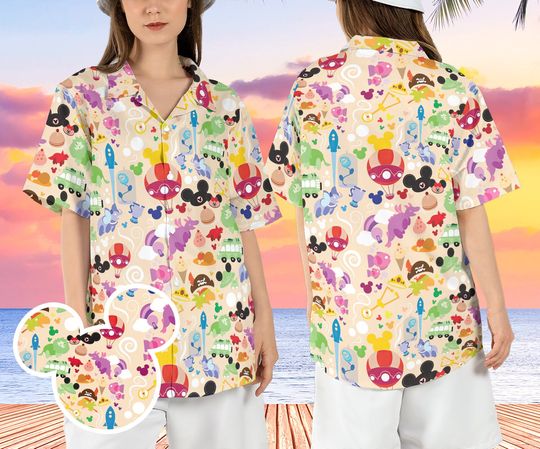 Disneyland Theme Parks Hawaiian Shirt, Disneyworld Vacation Hawaii Shirt, WDW Magic Kingdom Beach Aloha Shirt, Epcot Button Up Shirt
