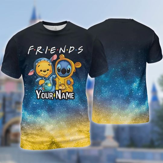 Personalized Stitch And Pooh All Over Print Shirt, Custom Name Stitch And Pooh 3D T-shirt, Summer Cartoon Character 3D Adult Kid T-shirt