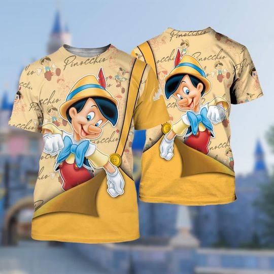 Pinocchio Yellow Golden Button Overalls Patterns 3D T-Shirt, Cartoon Character All Over Print, Pinocchio Animated Movie Tee, Summer Trip Tee