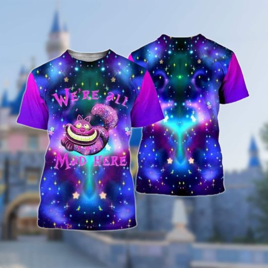 Cheshire Cat Mad Quotes Galaxy Blue Pattern 3D Shirt, We Are All Mad Here Cartoon Unisex Casual Shirt, Alice In Wonderland All Over Print