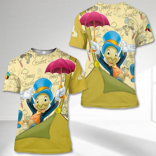 Jiminy Cricket Green Overalls Patterns Outfits Unisex 3D T-shirt, The Adventures of Pinocchio Character All Over Print Tee For Family