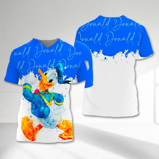 Donald Duck Blue Watercolor Glitter Graphics Cartoon 3D T-shirt, Mickey Mouse Friends All Over Print Shirt, Animated Movie Character Tee