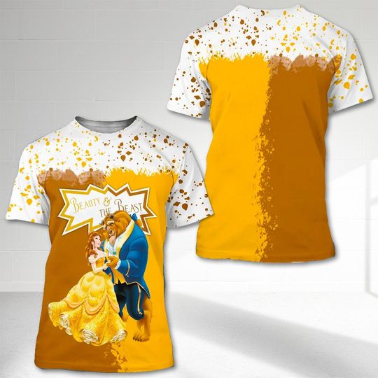 Beauty And The Beast Yellow Brown Splatter Paint Graphic 3D Tshirt, Belle Princess All Over Print Tee, Fairy Tale Couple Painting T-shirt