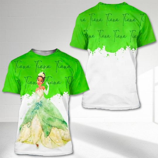 Tiana Princess Green Watercolor Glitter 3D T-shirt, The Princess And The Frog All Over Print Shirt, Cartoon Character Unisex Shirt